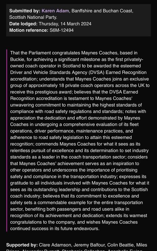 Maynes Receive Parliamentary Congratulations For DVSA Earned Recognition Accreditation